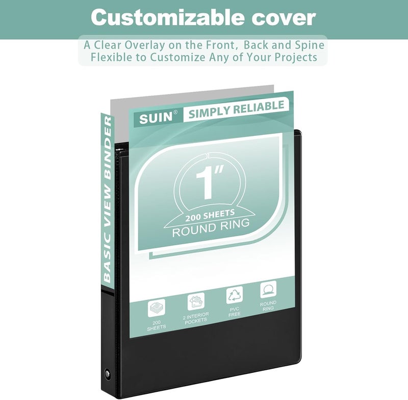 SUIN Economy 1-Inch 3-Ring-Binder, Customizable Clear View Cover, for US Letter Size 8-1/2 x 11'', Perfect for Office/School (Black - 2 Packs) - Image 3